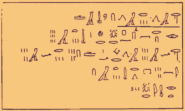 Problema del Papiro matemático Rhind, en el que aparecen el signo de la suma y de la resta, caracterizados como dos piernas caminando hacia adelante y hacia atrás respectivamente.