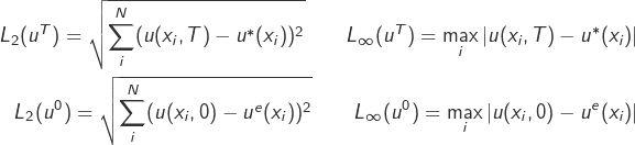  \begin{equation*} \begin{split} L_2 (u^T) = \sqrt{\sum_i^N (u(x_i,T)-u^*(x_i))^2} \qquad L_{\infty} (u^T) = \max_i |u(x_i,T)-u^*(x_i)| \\ L_2 (u^0) = \sqrt{\sum_i^N (u(x_i,0)-u^e(x_i))^2} \qquad L_{\infty} (u^0) = \max_i |u(x_i,0)-u^e(x_i)| \end{split} \end{equation*} 
