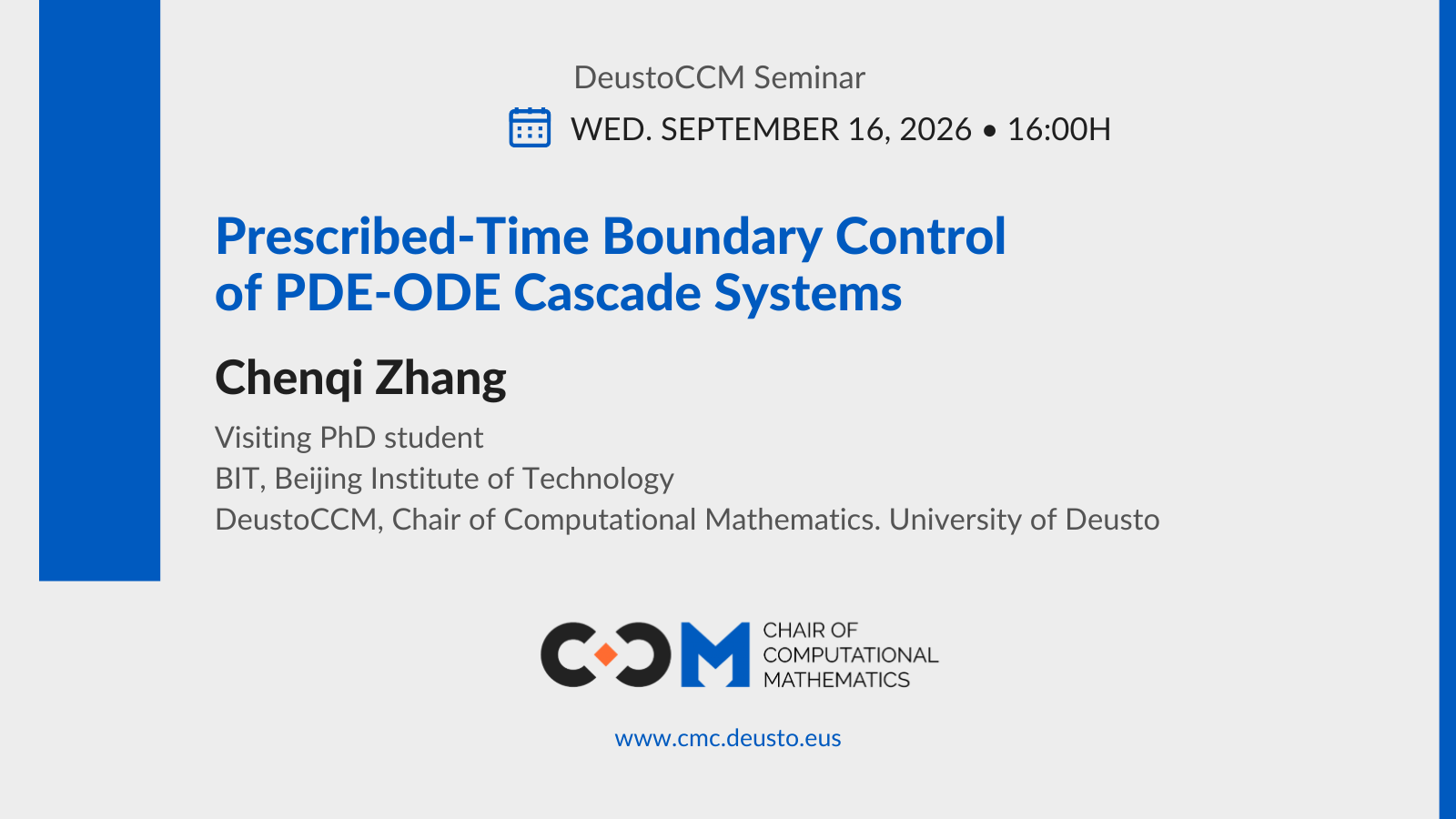 DeustoCCM Seminar: Prescribed-Time Boundary Control of PDE-ODE Cascade Systems